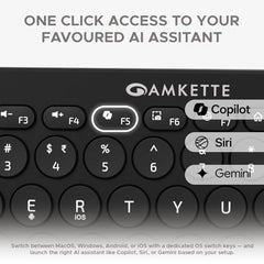 Amkette New and Improved Optimus BT 4-in-1 Multi-Device Wireless Keyboard, Pop Keys, Bluetooth, One-Click Device Switching, AI Access, Dual OS Layout, Windows, macOS, Android & iOS Compatible, Black