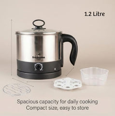 FRESHOME Electric Multipurpose Kettle 1.2L, 600W, with Stainless Steel Body, Egg Rack, Grill Rack, 3 Heating Modes & Rapid Boil Technology, Boiling Water, Tea, Coffee, Oats, Noodle, Soup (Silver)
