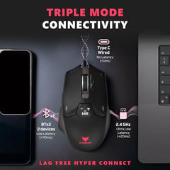EvoFox Banshee 2 Tri-Mode Wireless Gaming Mouse (2X BT, 2.4G & Wired), PixArt 3311 Sensor, 1000Hz Polling Rate, 12,000 DPI, LCD Display, 6 Programmable Buttons, Software Support, Onboard Memory-Black