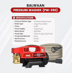 [Upgraded 2026] Balwaan Krishi PW-350 Pressure Washer for Car, 1.8 kW Single Phase Motor, 120–150 Bar Pressure, 2800 RPM, 7.5 L/min Flow Rate, 10 Accessories, for Car, Bike & Home Cleaning