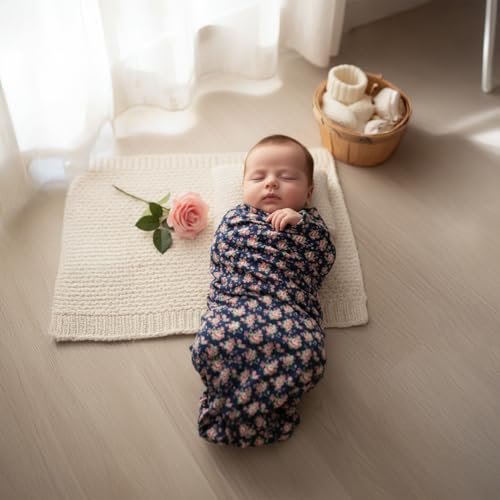 MOMISY isting Content Content generated Baby Photography Photoshoot Props Breathable Blanket Swaddle Cotton Wrap- Rose Print (Navy)