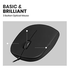 Perixx PERIMICE-201U B, Wired USB Mouse - 3 Button - 800dpi Optical Resolution - Illuminated Wheel - 5 Ft Cable - Black