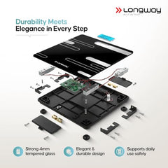 Longway Weight Machine for Home | Digital Bathroom Scale for Human Body Weight Measurement | Extra Thick Tempered Glass with LCD Display | 3 Years Warranty (Blue | Max Weight 180Kgs | Sapphire)