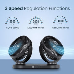 Portronics Twin Cool Dual Head Portable USB Powered Fan With 360° Rotatable Head, 3 Speed Control, Ultra Silent Operation, Brushless Motor, Suitable For 12/24V Car,SUV,Bus,Desk,Home Fan(Black)
