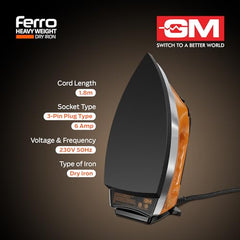 GM Ferro 1200W Heavyweight Dry Iron Press 1.75 Kg | Dual Layer German Non-Stick Coating with 2 Yrs Warranty | Shock Proof Iron Box for Clothes with 1.8M Cord Length | Enhanced Back Rest for Safety