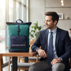 United Colors of Benetton Grand Slam 30L Roll-Top Backpack - Blue+Navy Color | Fits 14-inch Laptop | Secure Buckle Closure for Travel & Gym with 1-Year Warranty