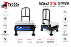 TYCOON 100Kg Electronic Weighing Machine/Weight Scale With Double Ultra Bright Green Display For Shop Industrial Uses Factories Corn (12 * 12 inches, Stainless Steel top plate