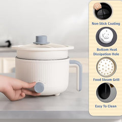 MOOKA Mini Multipurpose Electric Cooker Kettle With Steamer 1.5 Liter Inner Pot Non-Stick Hotpot Cooker For Cooking Hot Water Rice Idli Momos Tea 600W Portable Travel