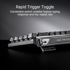ROG Falchion Ace HFX 65% gaming keyboard with ROG HFX magnetic switches, rapid trigger toggle, 8000 Hz polling rate, three-layer dampening foam, silicone gasket mount, touch panel and protective cover