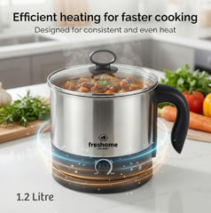 FRESHOME Electric Multipurpose Kettle 1.2L, 600W, with Stainless Steel Body, Egg Rack, Grill Rack, 3 Heating Modes & Rapid Boil Technology, Boiling Water, Tea, Coffee, Oats, Noodle, Soup (Silver)