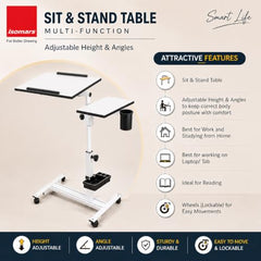 Isomars Multipurpose Laptop Table Study Desk, Lockable Wheels, & Height Adjustable for Breakfast Table, WFH & Online Classes Made in India (White)