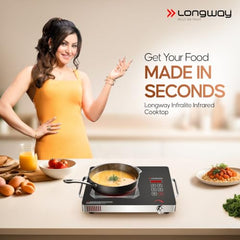 Longway Infralite Pro 2200W Infrared Hot Plate Cooktop with Steel Grill Rack, Crystal Glass Top, Touch Panel & Digital Display, 4 Preset Modes – Stir Fry, BBQ, Hot Pot & Steam, Black