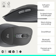 Logitech Signature Comfort Plus M850 L Wireless Mouse, Bluetooth Mouse with Palm Cushion, Silent Clicks, 24-Month Battery, Customizable Buttons, for Windows, Mac, iPad - Graphite
