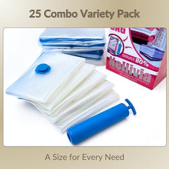 25 Pack Vacuum Storage Bags, Compression Space Saver Bags for Comforters, Blankets and Clothes, Durable Seal, Puncture Resistant, Safe Poly Material, Preserves and Protects, Hand Pump Included