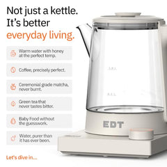 EDT Flow Pure glass™ Electric Kettle 1 Litre with Precision Temperature Control | Multipurpose Hot Water Presets for Coffee, Tea, Boil, Warm Water | 700W | Rubik
