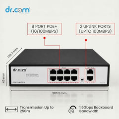 dr.com® 10 Port PoE Switch with 8 PoE Ports and 2 Gigabit Uplink Ports 10/100/1000 Mbps 120W Power IEEE 802.3af/at for CCTV IP Camera Network Switch Plug and Play Metal Body Black