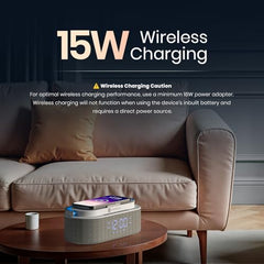Portronics String 16W HD Sound Bluetooth Speaker with 15W Wireless Charging, RGB LED Lights, Digital Clock with Alarm Setting, Built-in White Noise, USB/SD Card/AUX in, Type C Charging(White)