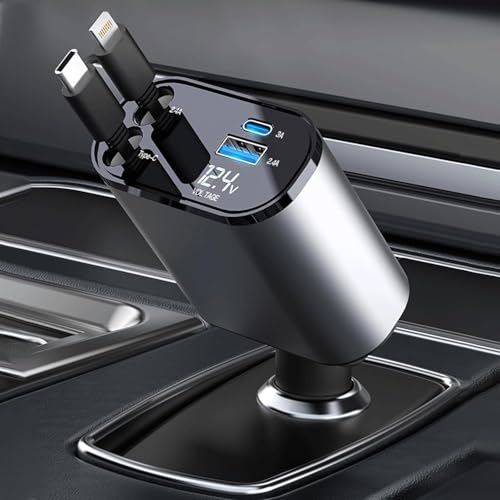 120W Fast Car Charger (2025 New Version) with 80CM Retractable Type-C & 30-pin Port Cables – Simultaneous Charging for 4 Devices – Universal Car Mobile Charger for All Smartphones & Tablets (RC12W)