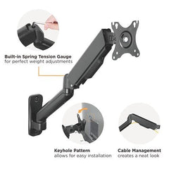 Jin Office Wall Mounted Monitor Stand for 13-32 Inch Monitors| 8Kg Weight Capacity| Spring Assisted Monitors Stand | Adjustable Metal Wall Monitor Arm Mount | (Black)