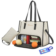 OCEANEVO 2 in 1 Stylish Laptop Tote Bag for Women Office use with Insulated Lunch Bag Compartment includes Small Pouch and Luggage Tag, Laptop Handbag for Office, Travel - 42x32x16 Cm - White-Brown