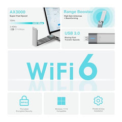 TP-Link AX1800 Wi-Fi 6 Dual Antennas High Gain Wireless USB 3.0 Adapter, Dual-Band, Auto Driver, MU-MIMO, Low- Latency, 1-Meter Cable, Supports Windows 10/11, Highly Secure WPA3 (Archer TX20U Plus)