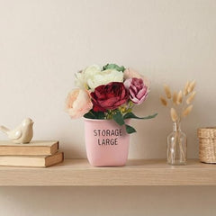 Dekorly Premium Artificial New Rose Flower with Pink Decorative Pot (Storage Large) – 22 cm Faux Flower Arrangement for Home Decor Living Room Bedroom Office Decor (1, Rose)