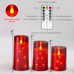 Flameless LED Pillar Candle Set of 2 | Acrylic Fiber Glass | Dancing Faux Wick | Remote Control with Battery Operated 3 AA | Home Décor & Gifting | 3" D x 6" H | Red