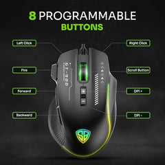 SpinBot Clutch GT900 with 7200 DPI Gaming Sensor and 8 Programmable Buttons RGB Wired Optical Gaming Mouse (USB 2.0, Black)