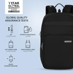 American Tourister RON Large 4 Compartment Laptop Backpack Travel Bag, 28 Ltrs Durable Bags For Mens, College School Computer Backpack Gift For Unisex Boys Girls Kids, Black, With Rain Cover
