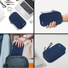 Elfora Compact Cable Organizer Bag | Double Layer Storage Pouch for Cables, Chargers, AirPods, Power Bank & Other Accessories | Durable & Portable Nylon Travel Case with Mesh Pockets – Blue