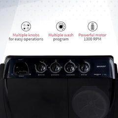 SHARP 9.0 kg, 5 star, Semi-Automatic Top Loading Washing Machine with HydroBlast Wash, Quadroniq Pulsator, 1300 RPM (ES-SD90NB-PR, Ruby Red, Pure Wave)