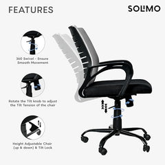 Amazon Brand - Solimo Worklo Mid Back Office Chair for Work from Home | Study | Revolving | Computer (Heavy Duty Powder Coated Metal Base, Stylish Black Mesh)