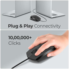 Foxin Glance Grey Wired USB Mouse | 1200 DPI Optical Sensor | Ergonomic & Lightweight (68g) with 3-Button | Plug & Play | 1.2M Cable | Silent Buttons | Wired Mouse for Laptop, PC, Desktop & Office Use
