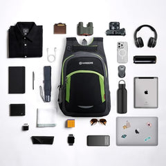 HARISSONS Xeno Travel Laptop Backpack | 40L | Fits 15.6" Laptop | Water-Resistant Dobby PU Polyester | USB Port, Rain Cover, Reflectors, Sternum Strap | Work, College & Commute (Black-Green)