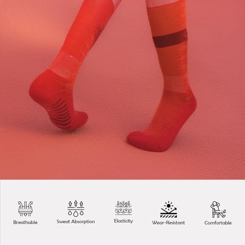 MOMISY Soccer Football Athletic Sports knee High Cotton Blend Socks for Men & Women | Odour Free, Superior Grip-Pack of 1 (Stripe Red)