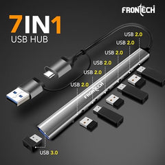 Frontech 8-in-1 Multi-Port Expansion Hub, Dual Input (USB-C & USB), High-Speed Data Transfer, Metal Matt Finish, Backed with 1 Year Warranty (NC-0058)