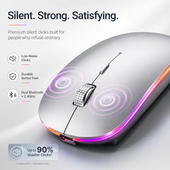 Offbeat Dash 2.4GHz Wireless + Bluetooth 5.1 +5.0 Mouse, Multi-Device Tripel Mode Type C Rechargeable Silent Click Buttons Wireless Bluetooth Mouse 3 Adjustable DPI, Works on 3 Devices (Silver)