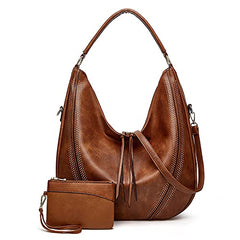 SYGA PACK OF 2 Women's Shoulder Cross-Border Large Capacity Hobo Bag with Wristlet(BROWN)