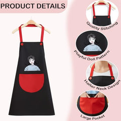 MOMISY Waterproof Kitchen Apron, Cooking Apron with Large Front Pocket, Cute Girl Print Design (Black Red)