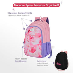 Genie Elsie School Backpack For Girls |19 In-36 Ltr with Laptop Sleeve, Rain Cover and Three Compartments with Padded Shoulders |Best for Books,Stationery,Lunch Box & Essentials - Lavendar,Multicolor