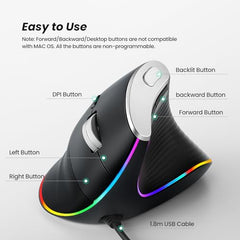 Nulea Wired Vertical Mouse, USB Ergonomic Optical Mouse with 4 Adjustable DPI, 11 RGB Backlight Modes, Compatible for Laptop, PC, Desktop, Mac, Grey