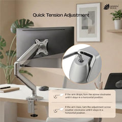 Green Soul Heavy Duty Single Monitor Gas Spring Stand|Fits 17-45" Screen|15Kg Weight Capacity | VESA Plate, Grommet & C-Clamp Base|Desk Mount Monitor Riser|Tilt, Swivel & Rotation |Grey