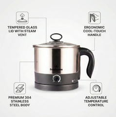 FRESHOME Electric Multipurpose Kettle 1.2L, 600W, with Stainless Steel Body, Egg Rack, Grill Rack, 3 Heating Modes & Rapid Boil Technology, Boiling Water, Tea, Coffee, Oats, Noodle, Soup (Silver)