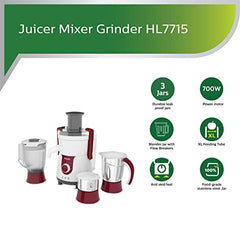 Philips HL7579/00 600 Watt Turbo Juicer Mixer Grinder with 3 Jars -Blend and Carry, Nutri Juicer Jar, Multi Purpose jar
