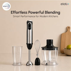 Wipro Elato FMB 204 Hand Blender with Chopper and Whisk|Powerful 200 Watt Copper Motor With Rust Free Steel Arm|3 in1 Multi-functional Mode|Four In One Blade-Churn, Whip,& Blend|Black|2- Year Warranty