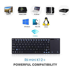 Rii K12 Ultra Slim 2.4GHz Portable Mini Wireless KODI Keyboard Large Size Touchpad Mouse, Stainless Steel Back Cover, Rechargeable Li-ion Battery, IPTV, Android TV, XBMC, Windows, Black