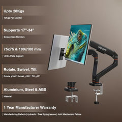 iVOOMi Power X2 Black Dual Monitor Stand for Desk with 100 x 100mm VESA Mount, Adjustable Gas Spring Monitor arm with Grommet Mounting Base for 15-34'' 2-20 kgs Screens, 1 Year Warranty