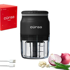 CÜRAA Chopper Electric for Kitchen | ChopLab Neo USB Vegetable Chopper for Kitchen Use by Chef Sanjyot Keer | Rechargeable Chopper with Stainless Steel Blades, 250ml, Beige