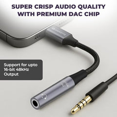 Amkette Type C to 3.5mm Audio Jack Connector | DAC Chipset | Kevlar Braided Cable | Compatible with iPhone 16,15 Series & Other Type C Phones | Premium Aluminum Build | Plug & Play Compatibility