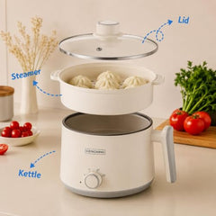 Multi Cook Electric Kettle with Steamer features 1.2L inner pot, double layered body, variable temperature control and wide mouth design. Ideal for tea, coffee, eggs, vegetables and boiling.